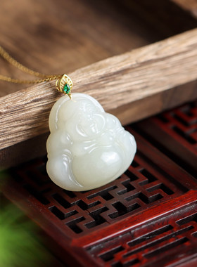 通体金镶嵌和田玉青玉佛公大肚佛国潮国风气质百搭女款吊坠