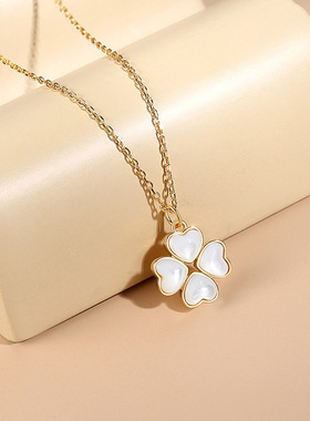 S925银白贝母爱心四叶草项链女复古天然幸运新国风简约设计感饰品