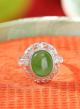 通体纯银S925纯银和田玉碧玉复古新中式钱币蛋面戒指镂空指环