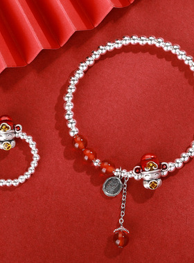 999足银小财神银珠戒指珐琅彩红色显白个性小众复古银指环食指戒