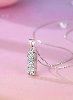 925純銀方块吊坠三颗4mm莫桑钻项链女百搭气质盒子链三生三世银饰