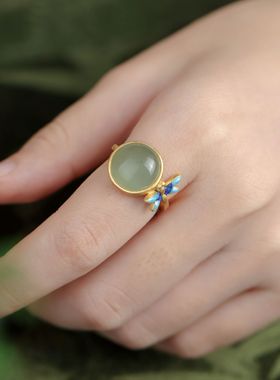 通体S925纯银镀金天然和田青玉蛋面戒指国风景泰蓝开口女款指环