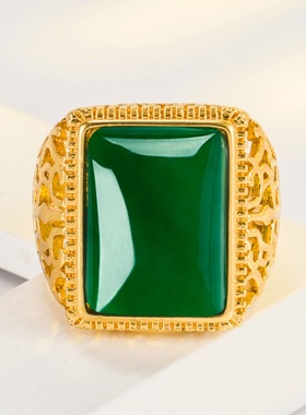热卖生命树镂空方绿玉玛瑙戒指开口复古树枝绿碧玉髓男戒指环