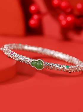 通体S925纯银镀金和田玉碧玉国潮福禄葫芦花丝祥云如意镂空手镯