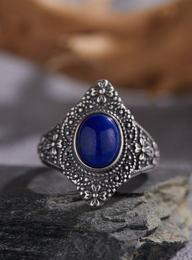 复古S925纯银镶天然孔雀石青金绿玉髓泰银戒指女宫廷开口戒