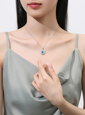 S925纯银项链女碎花海蓝宝吊坠满钻白锆石轻奢小众设计锁骨链