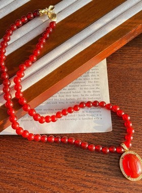天然热辣火红玉髓项链大颗粒蛋面红色玉石吊坠女送婆婆妈妈