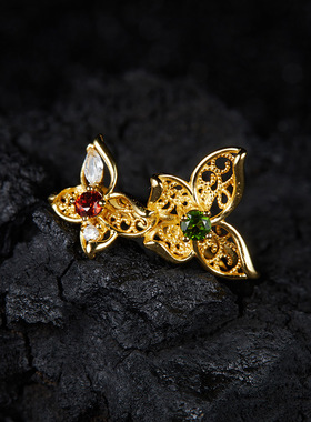 s925纯银镶天然透辉石石榴石彩宝戒指女个性镂空新款蝴蝶开口戒