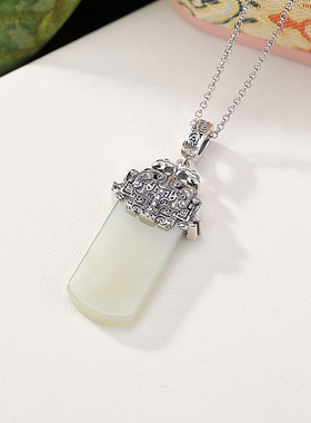 通体S925纯银和田玉饕餮唐草纹无事牌复古做旧可开扣银吊坠挂坠