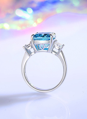 新款海蓝宝戒指10*14冰花切高碳钻冰糖宝石戒指女925纯银奢华欧美