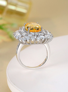 S925纯银欧美轻奢款高碳钻鹅黄色公主满钻冰花切高级珠宝豪华戒指