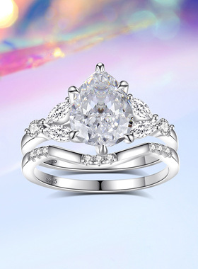 925银皇冠指环文艺风新娘套戒2ct冰花泪高碳钻戒指女高级轻奢