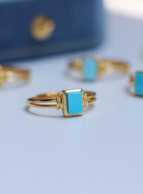 天然高瓷蓝无优化湖北绿松石戒指天蓝色几何风方形松石戒指银镶嵌