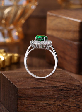 S925银超闪显大款旦形高碳钻花朵戒指女围镶梯形锆石欧美手饰