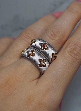 意大利手工拉丝工艺十字花镂空指环钻石镶嵌复古霸气时尚小众设计