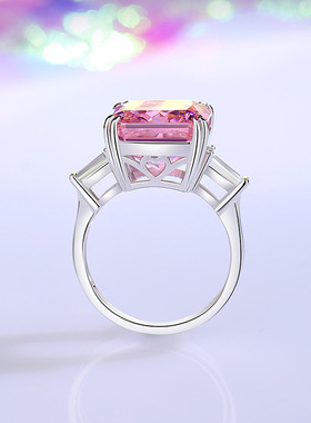 S925纯银粉色高碳钻公主方冰花切仿真钻戒欧美轻奢时尚银首饰品