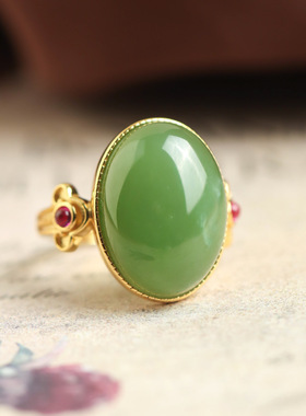 通体S925纯银镀金天然和田玉碧玉蛋面戒指国风复古气质开口女指环