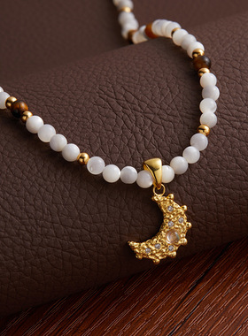 原创设计天然白贝虎眼彩宝串珠项链女S925通体纯银镶月光石吊坠