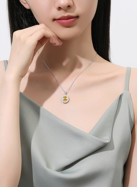 S925银碎花鹅黄色项链女轻奢高碳钻吊坠锁骨链子跨境热销款冰花切