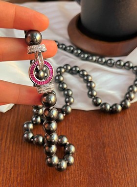 12mm大溪地黑施家人造珍珠项链毛衣链女复古风秋冬百搭暗色系