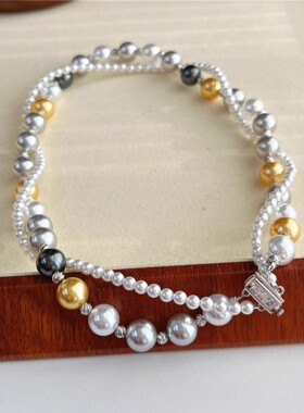 手作银扣施家人造水晶珍珠扭转麻花项链双层复古珍珠混彩项链女