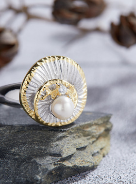 原创个性设计树叶蜥蜴元素S925纯银镶天然珍珠戒指女套装