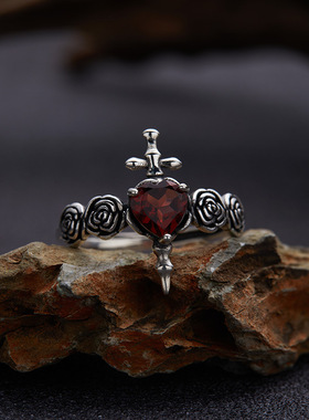 十字架玫瑰S925纯银天然托帕石榴紫水晶彩宝戒指女风小众高级