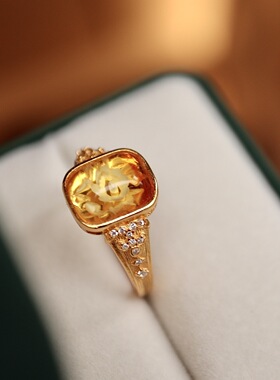 天然金珀玫瑰花戒指S925纯银简约大气珠宝饰品跨境直播货源
