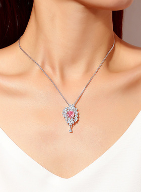 欧美轻奢满钻S925纯银项链女高碳钻8A冰花锆石锁骨链百搭粉色链子