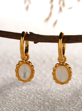 S925纯银天然青金虎眼孔雀石白贝耳坠耳环女法式轻奢高级感热款