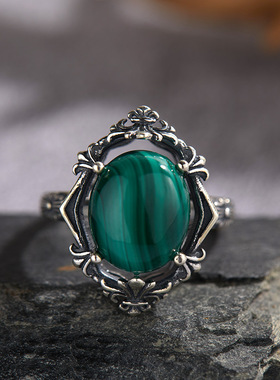 S925纯银镶天然孔雀石白玛瑙青金彩宝泰银戒指复古镂空花纹开口戒