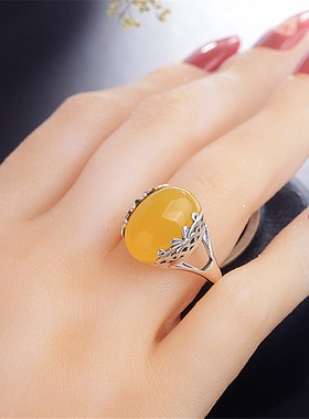 泰银款开口个性活口玉髓大宝石红石榴石黄绿玉髓戒指碧玉白玉戒指