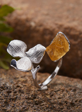 个性夸张设计S925纯银镶天然海蓝宝原石花瓣开口戒指轻奢高级感