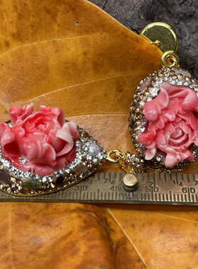 奢华复古砂捷克钻红牡丹玫瑰淡水珍珠镀金开口手镯送女友妈妈礼物