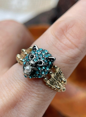 外贸原单尾货个性小众镶钻豹子头食指戒指手链项链套装满25包邮