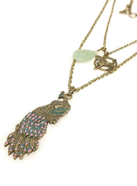 欧美品牌饰品复古流行百搭长款孔雀滴油石头水滴双层项链