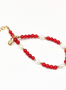 4里红瑚圆珠淡水米珠   手链