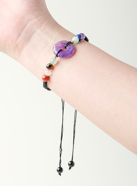 天然水晶平安扣手链紫白粉圆珠