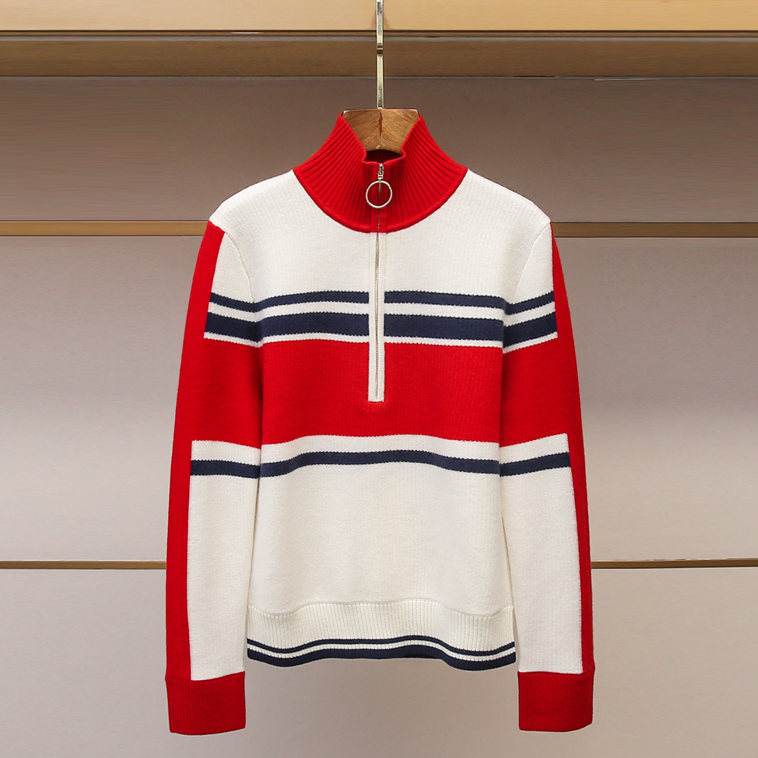 深圳南油高端女装2025冬季新款弹力撞色时髦拼接立领拉链针织衫女 - 图1