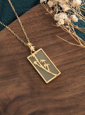 中国风旗袍镀金饰品颈链节节高升竹叶方形无事牌复古吊坠项链女