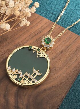 天然冰种玉髓镶嵌吊坠挂件翡翠色满绿阳绿圆形山水无事牌男女项链