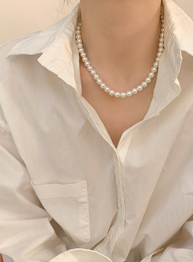 施家灰色珍珠项链锁骨链女法式