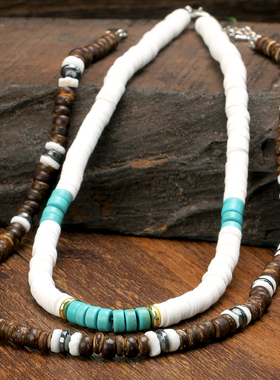 波西米亚沙滩风贝壳椰壳项链男女款手工串珠锁骨链民族风双层叠戴