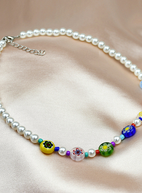 新款气质小众百搭彩色串珠项链女