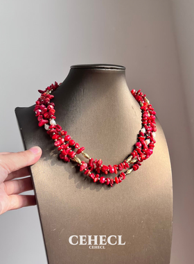 复古红色繁花不规则玛瑙碎石项链