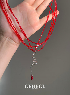 多层红色串珠叠戴颈链灵蛇锁骨链