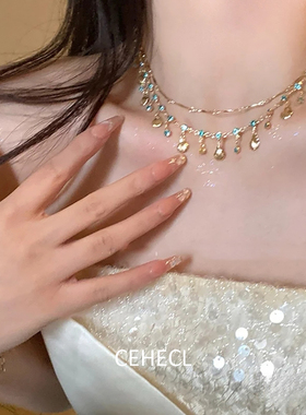 度假风蓝色锆石贝壳流苏项链手链