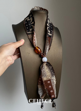 复古棕色腰果花丝巾项链女款领巾