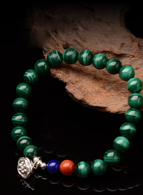 天然孔雀石手链7mm单圈手串925银莲蓬多福