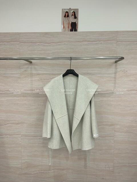 2513-66韩版休闲宽松显瘦大翻领双面羊毛大衣中长款系带毛呢外套